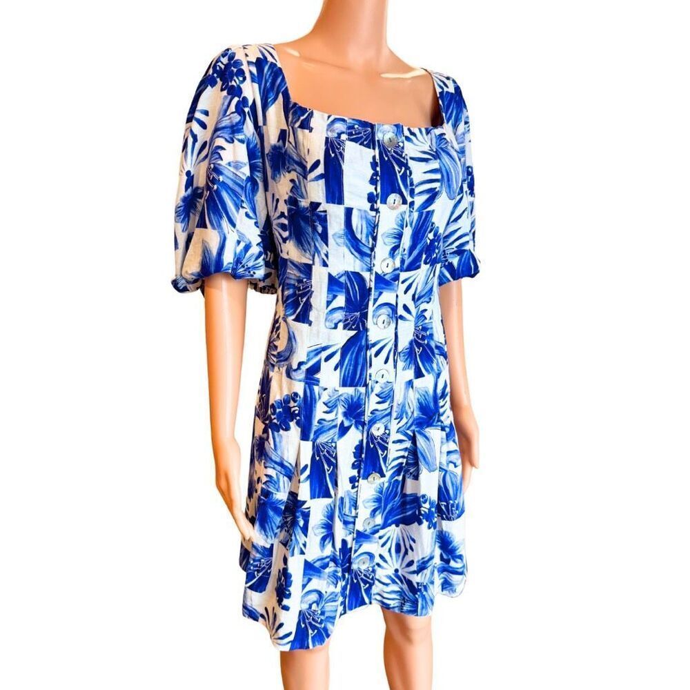 NWT Farm Rio Garden Tiles Blue Floral Linen Puff Sleeve Mini Dress XL Resort - Picture 6 of 9